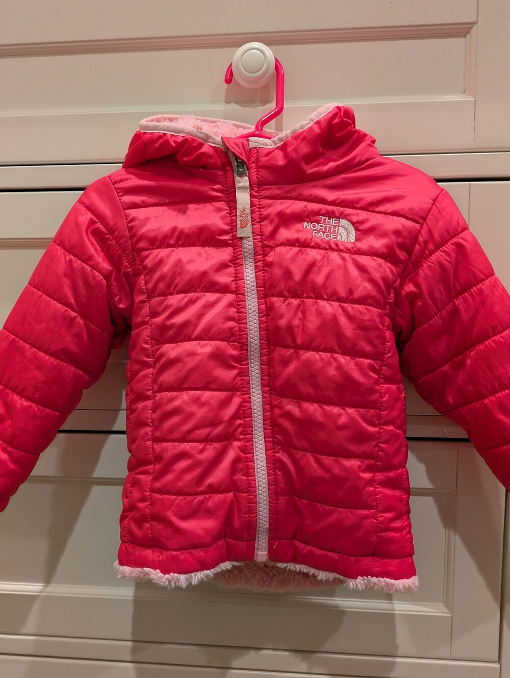 Reversible The North Face Kids' Pink Hooded Fur Fleece Lined Puffer Jacket